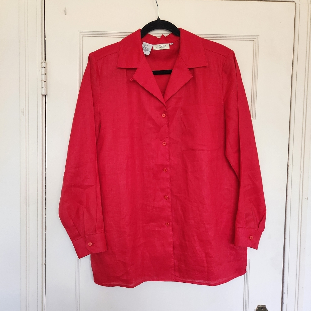 100% Linen Vintage Blouse Confident Red❤️ Size Medium